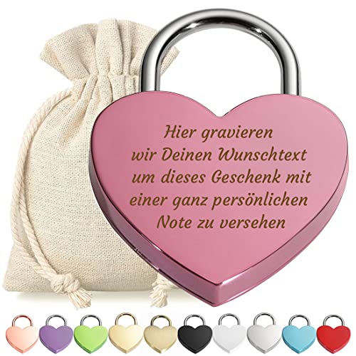 Herz Liebes-Schloss Bügelschloss Vorhängeschloss Pink Gravur mit Schlüssel - Wunschtext - Metall eloxiert - Geschenkbeutel - Geschenk Liebesgeschenk Valentinstag Jahrestag - Paar Ehepaar von polar-effekt