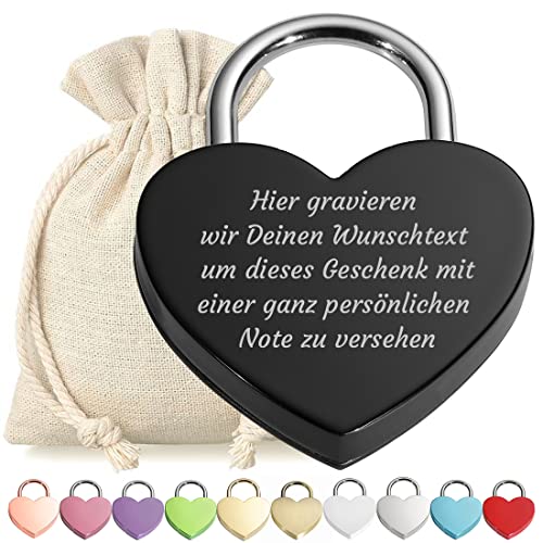 Herz Liebes-Schloss Bügelschloss Vorhängeschloss Schwarz Gravur mit Schlüssel - Wunschtext - Metall eloxiert - Geschenkbeutel - Geschenk Liebesgeschenk Valentinstag Jahrestag - Paar Ehepaar von polar-effekt