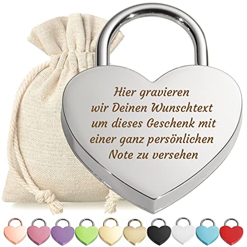 Herz Liebes-Schloss Bügelschloss Vorhängeschloss Silber Gravur mit Schlüssel - Wunschtext - Metall eloxiert - Geschenkbeutel - Geschenk Liebesgeschenk Valentinstag Jahrestag - Paar Ehepaar von polar-effekt
