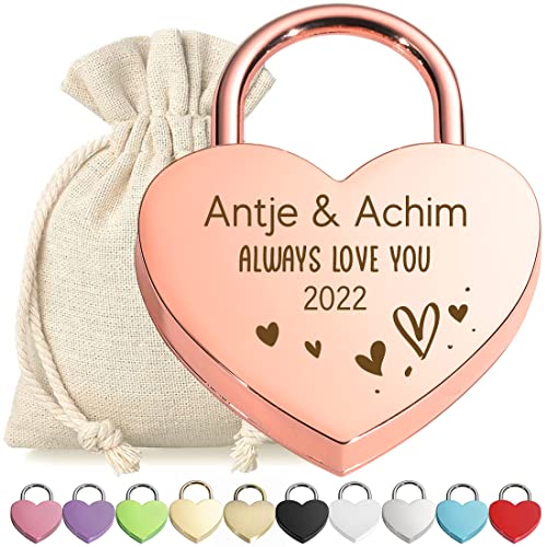 Herz-Schloss Liebesschloss Vorhängeschloss personalisierte Gravur Rose Gold - Motiv Always love you - mit Schlüssel - Stoffbeutel - Metall eloxiert - Valentinstag - Paar-Geschenk - love, liebe von polar-effekt