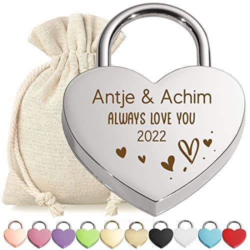 Herz-Schloss Liebesschloss Vorhängeschloss personalisierte Gravur Silber - Motiv Always love you - mit Schlüssel - Stoffbeutel - Metall eloxiert - Valentinstag - Paar-Geschenk - love, liebe von polar-effekt