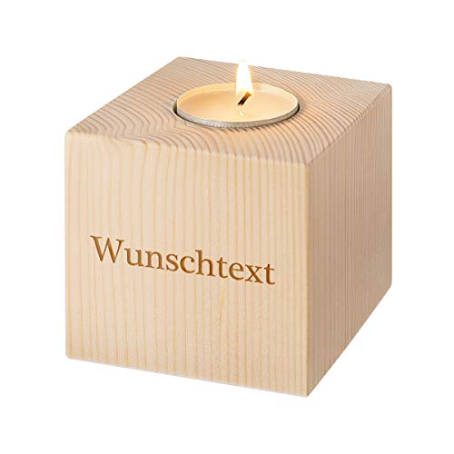 Holz-Teelichthalter personalisiert - Quadrat - Personalisiert mit Gravur - Tolle Tischdekoration – Geschenkidee für jung und alt – Windlicht der besonderen Art - Motiv Wunschtext von polar-effekt