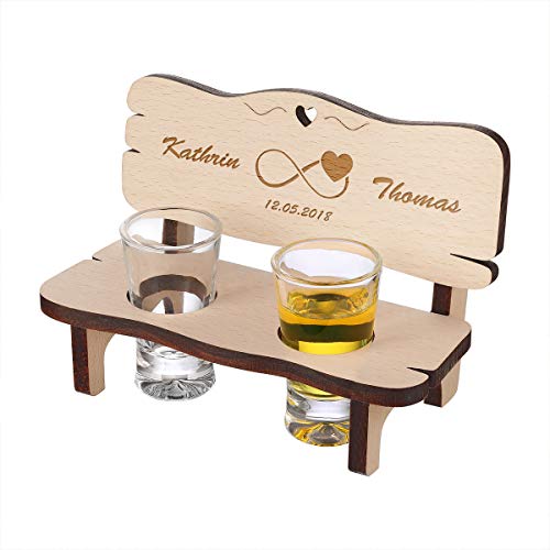 Holzbank personalisiert mit 2 Schnapsgläser - Shotbecher Geschenk für Hochzeiten und Paare - Schnapsbank Geschenkidee aus Holz Pinnchen von polar-effekt