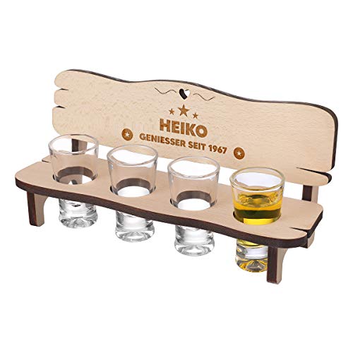 Holzbank personalisiert mit 4 Schnapsgläser - Geschenkidee für Geburtstage, Jubiläum oder Verabschiedung - gefertigt aus Holz - Motiv Stern von polar-effekt