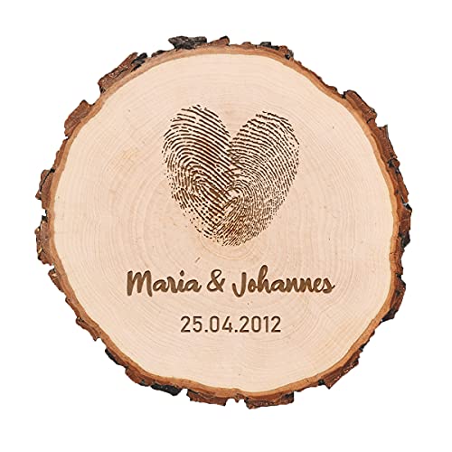 Holzscheibe Dekoration Hochzeit - 16-19 cm - Mit Rinde - Tischdekoration Name und Datum - unbehandeltes Holz - Geschenk für Hochzeit - Motiv Fingerabdruck von polar-effekt