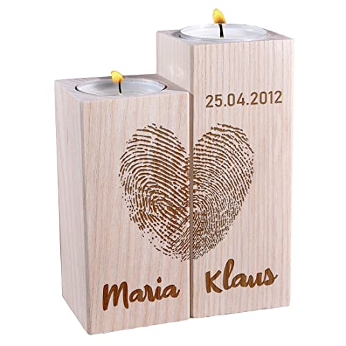 Kerzenhalter 2er-Set aus Holz mit Wunschgravur - Motiv: Herz Fingerabdruck - personalisiert - nachhaltiges Hochzeitsgeschenk - robuste Dekoration - Hochzeit, Jahrestag - Geschenk für Paare von polar-effekt