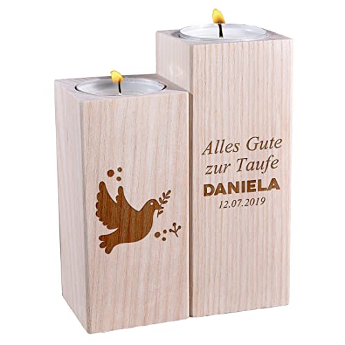 Kerzenhalter 2er-Set aus Holz mit Wunschgravur - Motiv: Taube - personalisiert mit Namen - Geschenk zur Taufe, Kommunion - Deko - nachhaltiges Naturprodukt - Kinder - Teelichter, Kerzen von polar-effekt