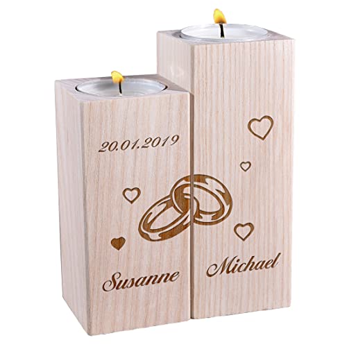 polar-effekt Kerzenhalter 2er-Set aus Holz mit personalisierter Gravur - Motiv: Ringe ineinander - perfekte Geschenkidee - Naturprodukt - Tischdeko - widerstandsfähig - für Hochzeit, Jahrestag von polar-effekt