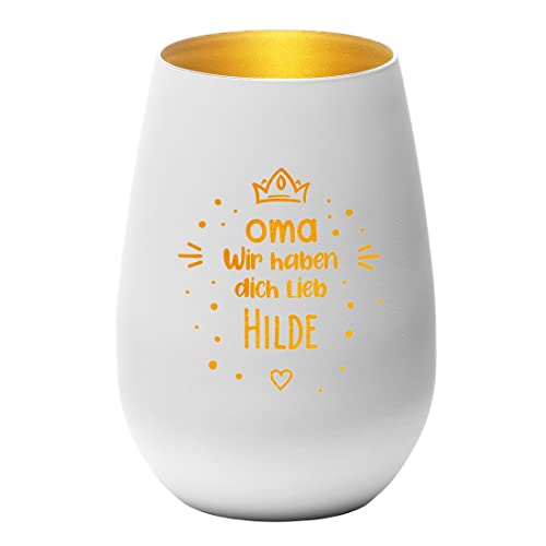 Kerzenhalter aus Kristallglas mit Gravur - Motiv: Oma Liebe - Farbe weiß-Gold - rundes Robustes Glas - personalisiert - Windlicht, Teelicht - LED Tischdekoration - Geburtstag - Großmutter von polar-effekt