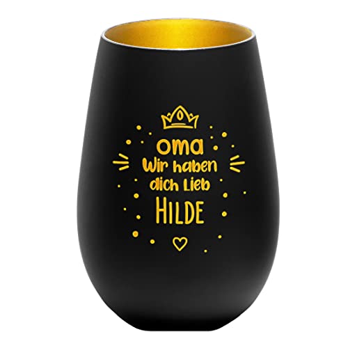 Kerzenhalter aus Kristallglas mit Wunschgravur - Motiv: Oma Liebe - Farbe schwarz-Gold - personalisiert - rundes Glas - Windlicht, Teelicht - LED Tischdekoration - Geburtstag - Grandma von polar-effekt