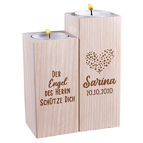 Kerzenständer 2er-Set aus Holz mit Gravur - Motiv: Herz mit Spruch - mit Namen personalisiert - veredelt in Deutschland - ideal zur Taufe, Kommunion - robust, widerstandsfähig - Kinder von polar-effekt
