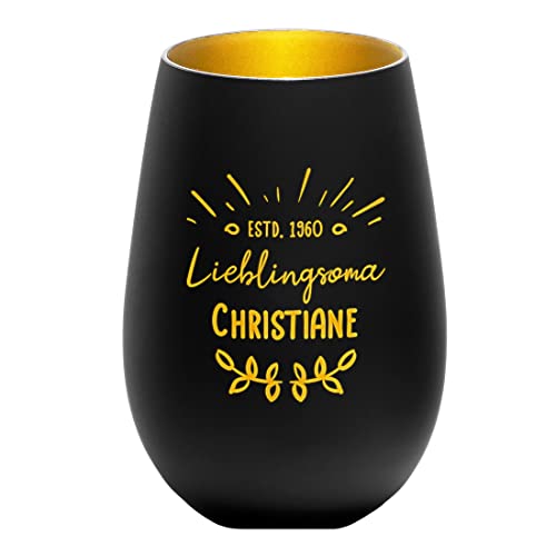 Klarglas Kerzen-Halter schwarz-Gold mit Wunschgravur - Motiv: Lieblingsoma - runde Form - Robustes Kristallglas - personalisiert - Glas LED Tischdekoration - Geschenk Geburstag - für Grandma von polar-effekt