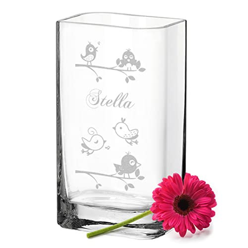 Leonardo Blumenvase mit individueller Gravur - Vase Personalisiert mit Wunschname - Glasvase als Muttertagsgeschenk - Geschenkidee zum Valentinstag - Motiv singende Vögelchen auf dem AST von polar-effekt