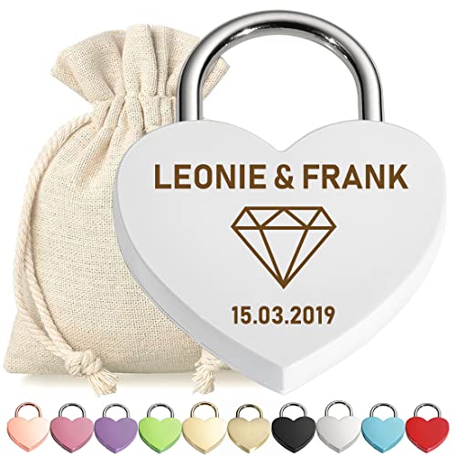 Liebeschloss Herzschloss Vorhängeschloss Weiß mit personalisierter Gravur - Motiv Diamant - aus Metall - weißer Geschenkbeutel - Jahrestag, Valentinstag - Pärchen Liebesgeschenk - liebe, love Liebeschloss Herzschloss Vorhängeschloss Weiß mit personalisierter Gravur - Motiv Diamant - aus Metall - weißer Geschenkbeutel - Jahrestag, Valentinstag - Pärchen Liebesgeschenk - liebe, love von polar-effekt