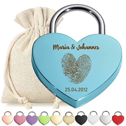 Liebesschloss Herz-Schloss Bügelschloss Blau mit Gravur - Motiv Herz Fingerabdruck - personalisiert - eloxiert - Stoff-Geschenkbeutel - Valentinstag, Jahrestag - Pärchen Geschenk - Present von polar-effekt