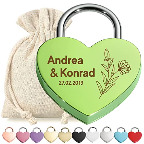 Liebesschloss Herz-Schloss Bügelschloss Grün personalisierte Gravur - Motiv Blume - Geschenkbeutel - eloxiert - für Sie & Ihn - Geschenkidee Verlobung Hochzeit Geburtstag - Paar, love von polar-effekt
