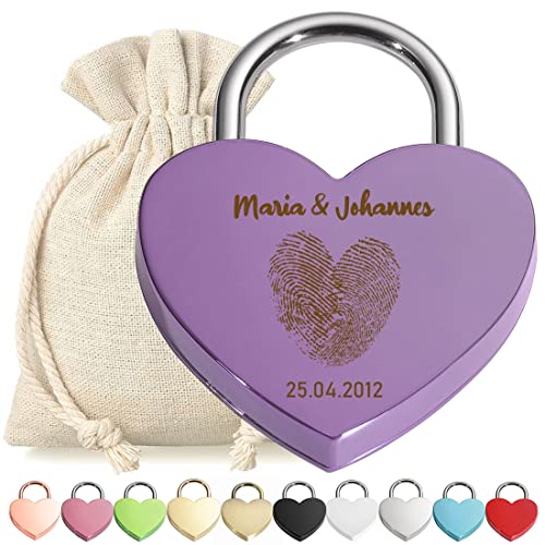Liebesschloss Herz-Schloss Bügelschloss Lila mit Gravur - Motiv Herz Fingerabdruck - personalisiert - eloxiert - Stoff-Geschenkbeutel - Valentinstag, Jahrestag - Pärchen Geschenk - Present von polar-effekt