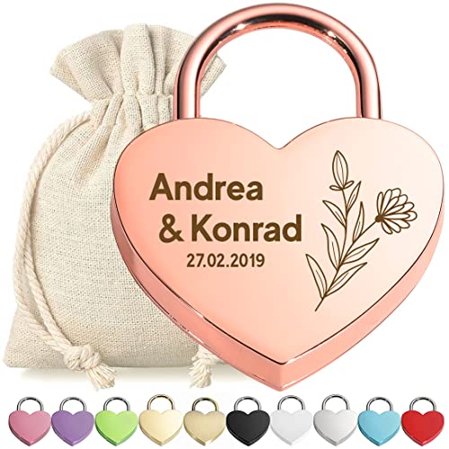 Liebesschloss Herz-Schloss Bügelschloss Rose Gold personalisierte Gravur - Motiv Blume - Geschenkbeutel - eloxiert - für Sie & Ihn - Geschenkidee Verlobung Hochzeit Geburtstag - Paar, love von polar-effekt