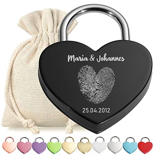 Liebesschloss Herz-Schloss Bügelschloss Schwarz Gravur - Motiv Herz Fingerabdruck - personalisiert - eloxiert - Stoff-Geschenkbeutel - Valentinstag, Jahrestag - Pärchen Geschenk - Present von polar-effekt