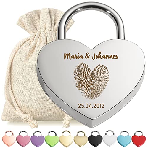 Liebesschloss Herz-Schloss Bügelschloss Silber mit Gravur - Motiv Herz Fingerabdruck - personalisiert - eloxiert - Stoff-Geschenkbeutel - Valentinstag, Jahrestag - Pärchen Geschenk - Present von polar-effekt