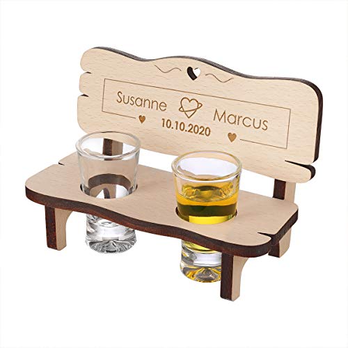 Schnapsbank mit 2 Schnapsgläser inkl. Personalisierung - hochwertiges Geschenkset für Verliebte zum Jahrestag aus Holz, graviert mit Namen - Motiv Rahmen mit Herz von polar-effekt