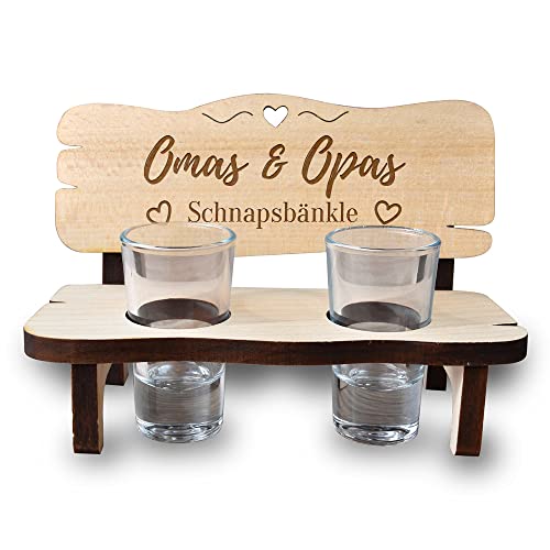 Schnapsbank mit Gravur für Oma & Opa - Motiv Schnapsbänkle - Holzbank mit 2 Schnapsgläser - nachhaltig und robust - Großeltern, Grandparents - Geschenk für Geburtstag, Weihnachten, Jubiläum von polar-effekt