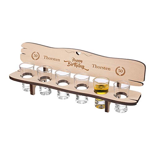 Schnapsbank personalisiert mit 6 Schnapsgläser - Hochwertige Geschenkidee aus Holz ideal für Geburtstag und Jubiläum - Personalisiert - Motiv Happy Birthday von polar-effekt
