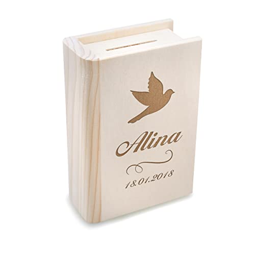 Sparbuch mit personalisierter Wunschgravur - Wunschname - aus Echtholz - mit Schloss und Schlüssel - nachhaltiges Geschenk - geeignet zur Konfirmation - Sparschwein - Taufgeschenk - Motiv Taube Sparbuch mit personalisierter Wunschgravur - Wunschname - aus Echtholz - mit Schloss und Schlüssel - nachhaltiges Geschenk - geeignet zur Konfirmation - Sparschwein - Taufgeschenk - Motiv Taube von polar-effekt