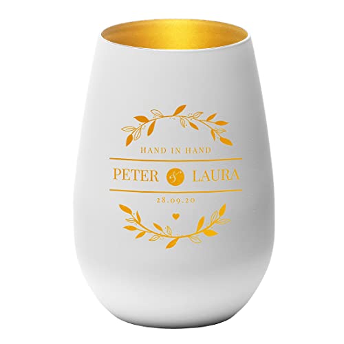 Teelicht-Halter Kristallglas in weiß-Gold mit Wunschgravur - Motiv Hand in Hand - personalisiert - Kerzenlicht, Windlicht, Kerze - Hochzeit, Verlobung - Mann, Frau - Dekoration von polar-effekt