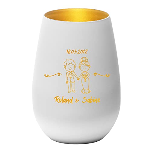 Teelichtglas Kristallglas in weiß-Gold mit personalisierter Wunschgravur - Motiv Hochzeitspaar - Glas Teelichthalter, Windlicht - für Hochzeit - Paare, Ehepaare - romantische Tischdekoration von polar-effekt