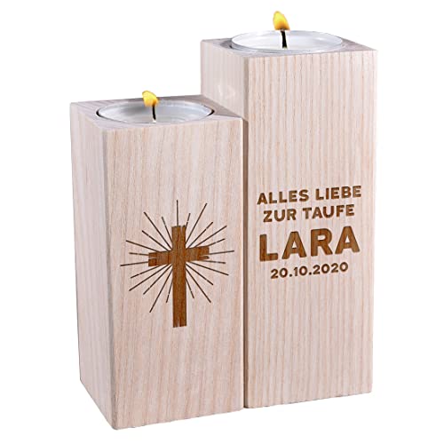 Teelichthalter 2er-Set quadratisch aus Holz mit Wunschgravur - Motiv: Kreuz - personalisiert mit Namen - Geschenk zur Taufe, Kommunion - echtes Naturprodukt - robuste Tischdeko, Deko von polar-effekt