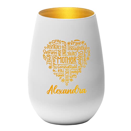 Teelichthalter Klarglas in weiß-Gold mit personalisierter Gravur - Motiv: Wörter-Herz - runde Form - in Deutschland hergestellt - LED Teelicht - Geschenk Muttertag, Weihnachten - Mama, Mum von polar-effekt