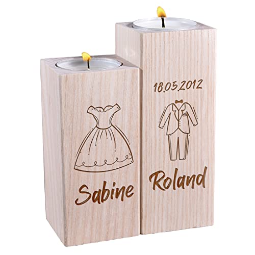 Teelichthalter im 2er-Set aus Holz mit personalisierter Gravur - Motiv: Hochzeitspaar - Naturprodukt vegan - massiv und robust - Tischdeko - Geschenk für Hochzeit, Jahrestag - Ehepaar, Paar von polar-effekt