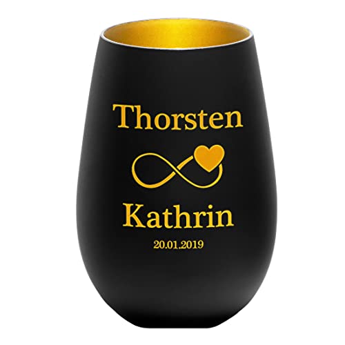 Teelichthalter personalisiert aus Glas in schwarz-Gold mit Wunschgravur - Motiv Unendlichkeitszeichen - kreative Deko - Hochzeitsgeschenk - robust, widerstandsfähig - Hochzeit, Jahrestag von polar-effekt