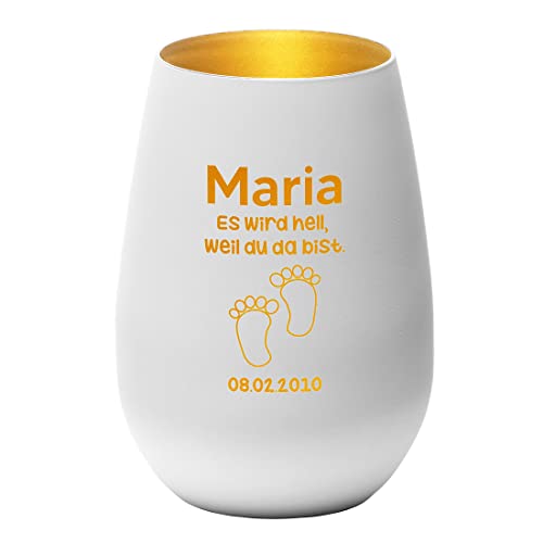 Teelichthalter weiß-Gold Kristallglas mit personalisierter Wunschgravur - Motiv: Füße - Windlicht, Teelicht Glas - runde Form Tauf-Geschenk - Kinder von polar-effekt