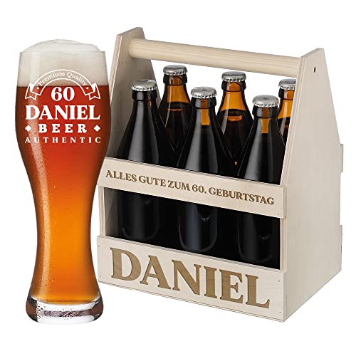 Weizenbierglas + Bierträger mit Wunschgravur - Alles Gute zum Geburtstag personalisiert - 1x Flaschenträger aus Holz - 1x Bierglas 500 ml - Männerhandtasche - Männergeschenk - Papa von polar-effekt