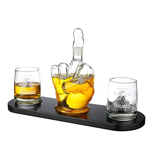 Whisky-Dekanter 6-TLG für Scotch und Bourbon - 1x Glaskaraffe mit Trichter, 2X Gläser mit Motiv graviert und 1x Holzständer - verschlussicherer Stopfen - für echte Genießer - Finger - Motiv Bergwelt von polar-effekt