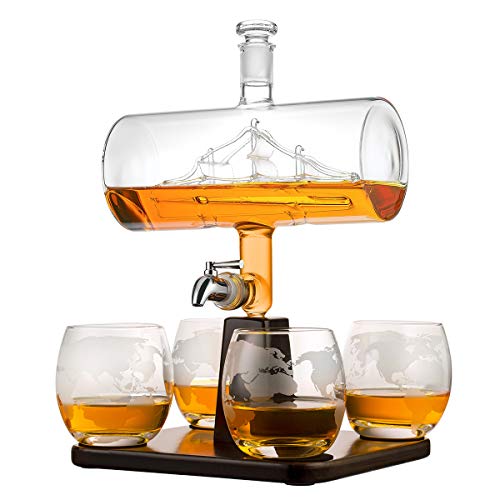 Whisky-Set 4er Whiskygläser 320ml, Glas-Karaffe mit Segelschiff Füllmenge 1000ml, Edelstahlhahn - Bleifreie Whisky Dekanter luftdichtem Verschluss mit Holz-Tablett Geschenkidee für Männer von polar-effekt
