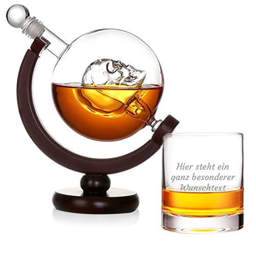 Whisky Skull Karaffe 850 ml Set mit Wunschgravur - Motiv: Wunschtext - mit personalisiertes Glas 320 ml - inklusive Holzfuß - Deko, Bar - Scotch, Bourbon, Whiskey - Vatertag, Geburtstag von polar-effekt