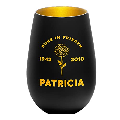 Windlicht aus Kristallglas in schwarz-Gold mit Wunschgravur - Motiv: Rose Ruhe in Frieden - personalisiert - runde Form - Kerzenhalter, Teelicht - Kondolenzgeschenk - Gedenken - nachhaltig von polar-effekt