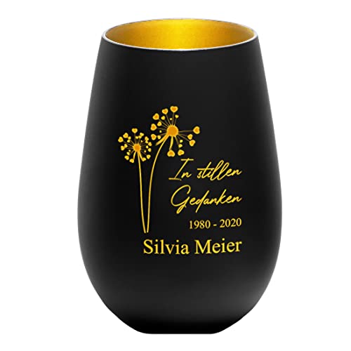 Windlicht aus Kristallglas in schwarz-Gold mit personalisierter Gravur - Motiv: Pusteblume - Made in Germany - Glas Kerzenhalter, LED-Licht - Kondolenzgeschenk - Trauer, Andenken - nachhaltig von polar-effekt