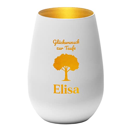 Windlicht aus Kristallglas in weiß-Gold mit personalisierter Wunschgravur - Motiv: Baum - Kerzen-Halter, Teelicht - runde Form - LED-Licht Deko-Idee - Taufe, Kirche - Geschenk für Kinder von polar-effekt