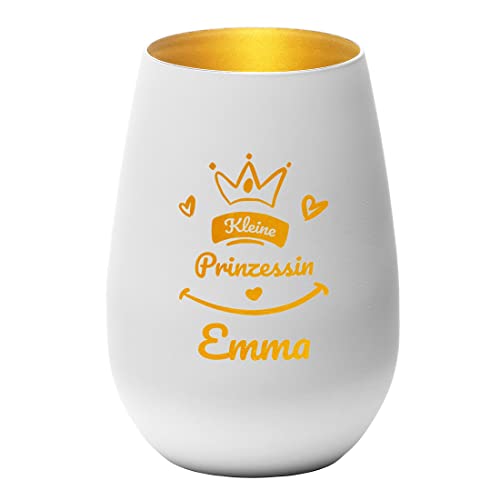 Windlicht weiß-Gold aus Glas mit personalisierter Wunschgravur - Motiv: Prinzessin - runder Kerzenhalter Farbe weiß-Gold - Teelicht-Halter Kristallglas - Mädchen, Girls - Geburtstag von polar-effekt