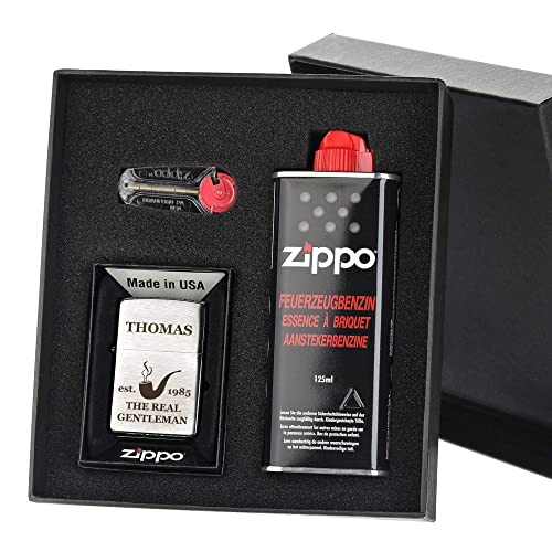 Zippo-Store Zippo Sturmfeuerzeug Geschenk-Set - 1 Flasche Benzin (125ml) - 6 Feuersteine - mit Gravur - inkl. Geschenketui - Wind- und Wetterfest Motiv Real Gentleman von polar-effekt