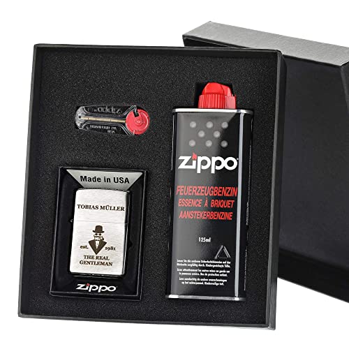 Zippo-Store Zippo Sturmfeuerzeug Geschenk-Set - 1 Flasche Benzin (125ml) - 6 Feuersteine - mit Gravur - inkl. Geschenketui - Wind- und Wetterfest Motiv a Gentleman von polar-effekt