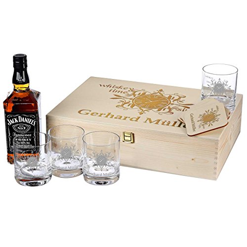 polar-effekt 10-TLG Whisky Geschenk-Set - 4 Gläser, 4 Untersetzer und Whiskey-Karaffe in Geschenkbox Personalisiert zum Geburtstag mit Gravur - Motiv Whisky time von polar-effekt