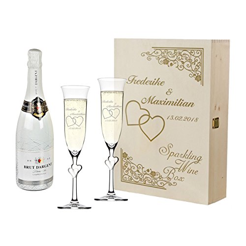 polar-effekt 2 Sektgläser mit weiße Herzen und Sekt-Flasche in Geschenkbox - Personalisiert mit Gravur - Hochzeit Geschenkidee Sektglas-Set - Motiv Vintage mit Herzen von polar-effekt