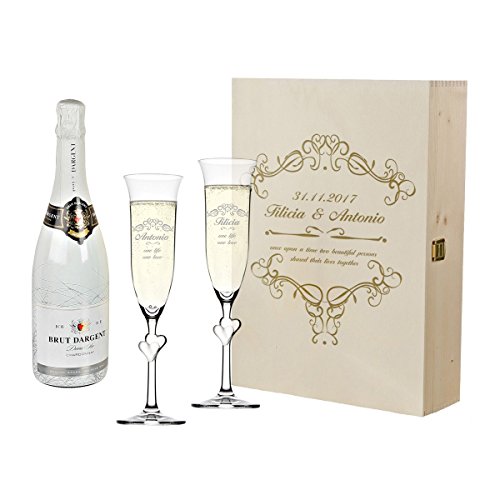2 Sektgläser mit weiße Herzen und Sekt-Flasche in Geschenkbox - Sektglas-Set Personalisiert mit Gravur - Hochzeit Geschenkidee - Motiv Ornamente von polar-effekt