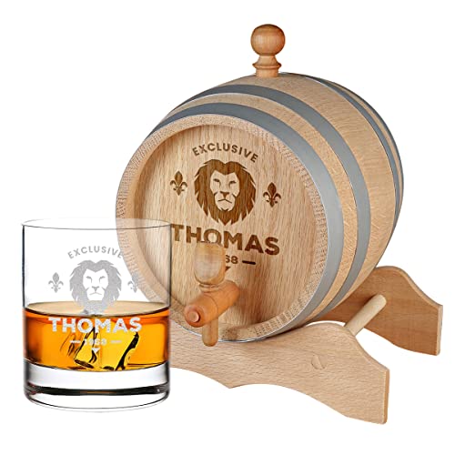 polar-effekt 2-TLG Whisky-Set mit Namensgravur - 2 Liter Eichen-Fass inkl. Zapfhahn und 1 Whiskyglas - Geschenkidee Whiskey, Scotch, Bourbon - Männergeschenk - für echte Genießer - Motiv Löwe von polar-effekt