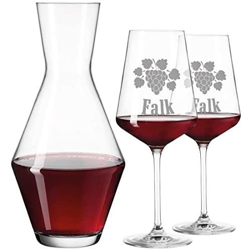 polar-effekt 3er Set Rotweingläser und Weindekanter Personalisiert mit Gravur - Geschenk für besondere Anlässe - Motiv Schlichte Weinrebe von polar-effekt